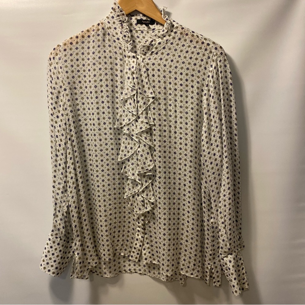 Ruffled Polka Dot Long-Sleeve Blouse - White with Navy & Tan Dots